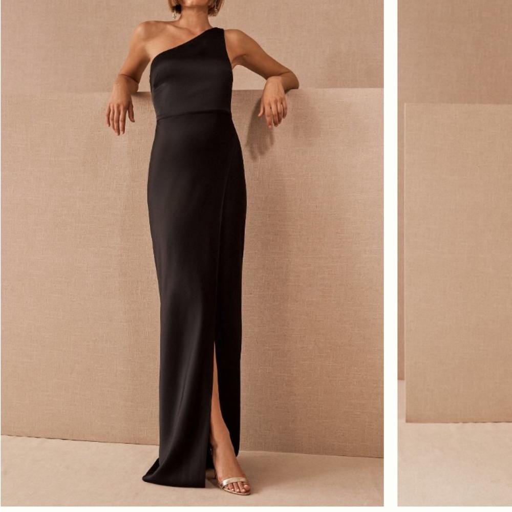BHLDN Black Satin Floor Length One Shoulder Dress
